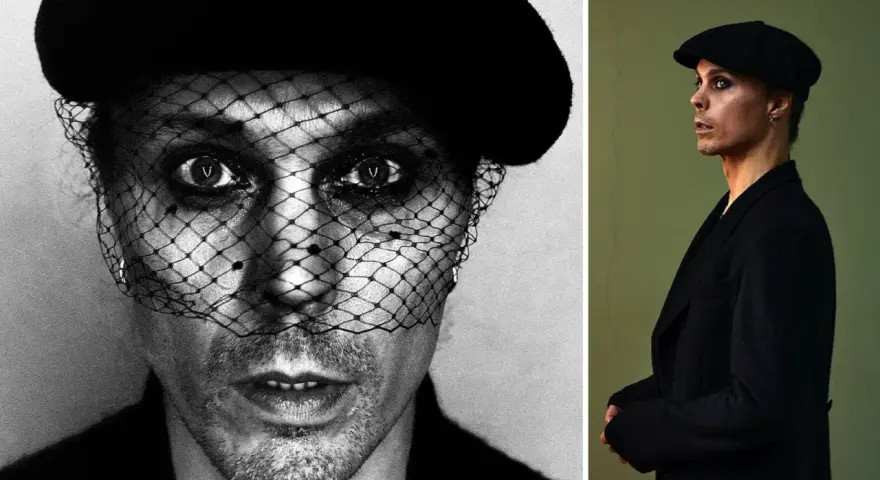 Dwie fotografie: zbliżenie na twarz him ville valo w woalce i beret, oraz postać w czarnym płaszczu i kaszkiecie.