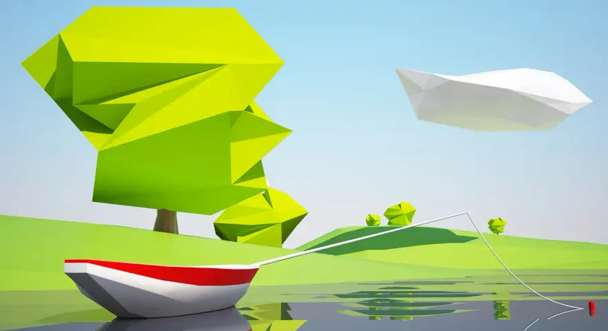 Łódka z czerwonym pasem na wodzie, w tle stylizowane drzewa i chmura w stylu low poly.