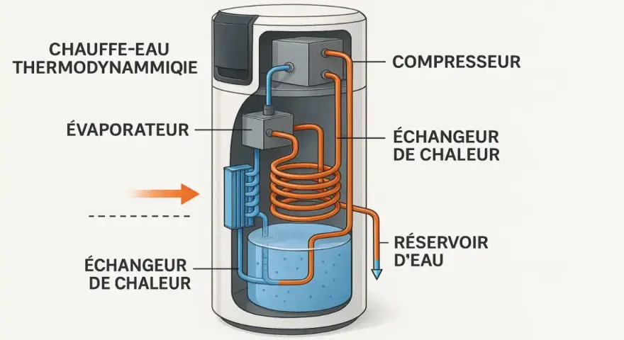 Schéma d'un chauffe-eau thermodynamique : évaporateur, compresseur, échangeur de chaleur et réservoir d'eau.
