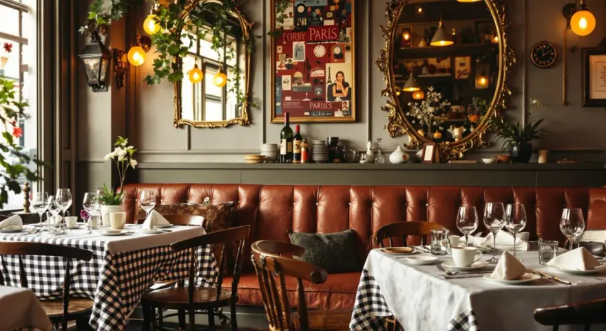 Ambiance chaleureuse d'un déco bistrot parisien avec banquette en cuir, tables dressées et miroirs dorés.