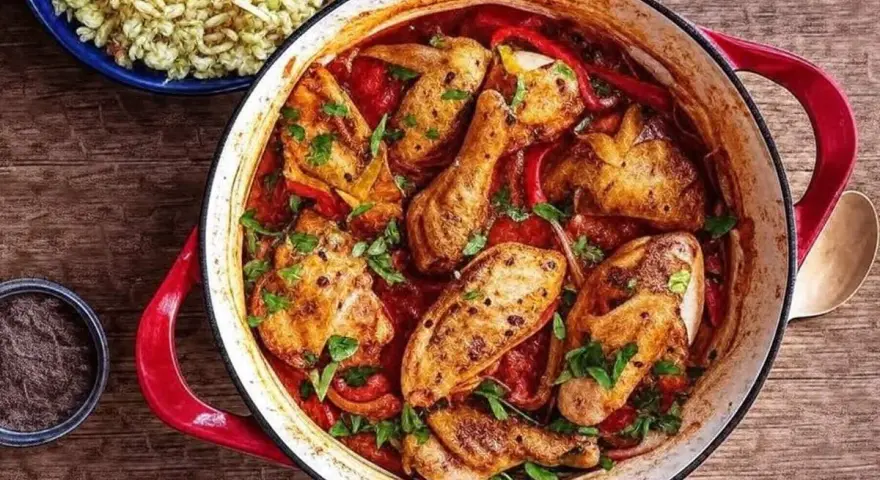 Un plat mijoté de poulet basquaise de ma grand-mère, avec des morceaux de poulet dorés, des poivrons et une sauce tomate savoureuse, garni de persil frais.