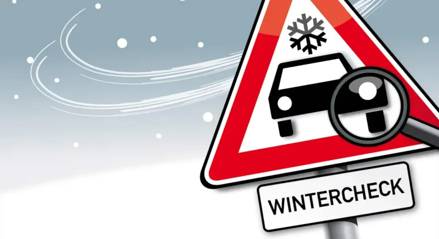 Warnschild mit Auto, Schneeflocke und Lupe, darunter "WINTERCHECK".