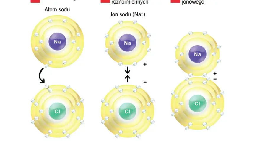 Tworzenie chlorku sodu (NaCl) z atomów sodu i chloru. Powstają jony Na+ i Cl-, które przyciągają się, tworząc związek.