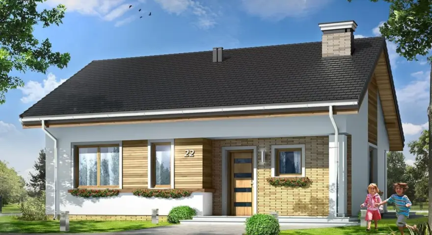 Nowoczesny projekt domu z drewnianymi elementami i ceglaną elewacją. Dzieci biegną po trawniku przed domem.