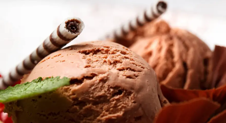 Pyszne domowe lody czekoladowe z wafelkami i listkiem mięty. Idealne na deser!