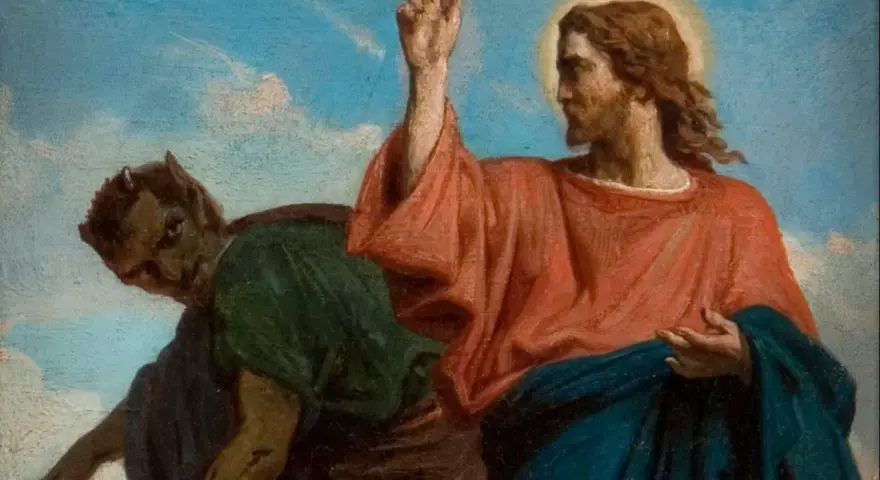 Jesus in the desert, with a devil tempting him from the shadows.