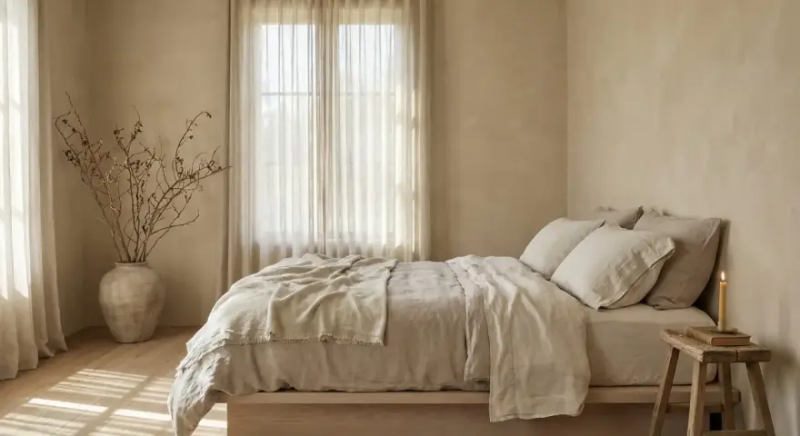 Camera da letto con tonalità neutre e rilassanti, perfette come ispirazione per i colori per camerette ragazzi. Un vaso con rami secchi e una candela aggiungono un tocco naturale.