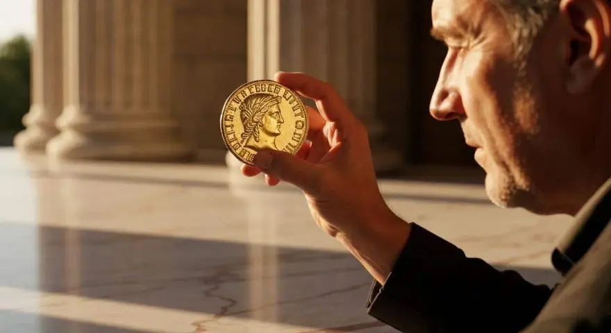 Un homme examine une pièce dorée de 10 centimes Marianne, avec des colonnes en arrière-plan.