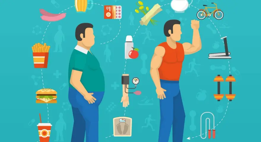 Dwa mężczyźni, jeden z nadwagą, drugi wysportowany, otoczeni symbolami zdrowego stylu życia i niezdrowej diety. Klucz do dobrego metabolizmu.