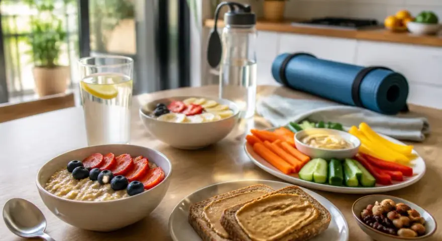 Petit-déjeuner sain pour le sport d'endurance : porridge aux fruits, toasts au beurre de cacahuète, légumes et fruits secs.