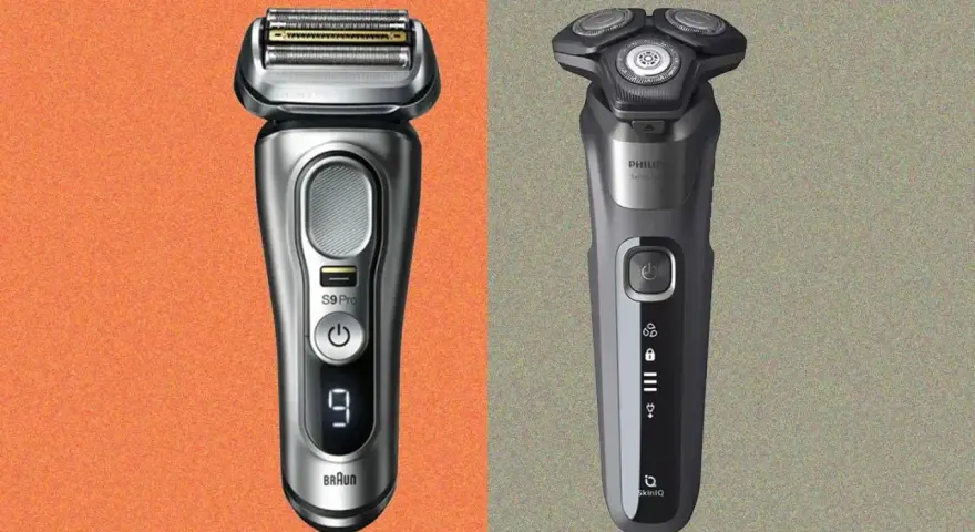 Dos afeitadoras eléctricas modernas, una Braun S9 Pro y una Philips, listas para ser tu primera máquina de afeitar.