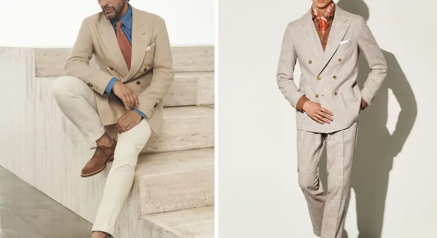 Uomo elegante in completo beige, perfetto come vestito matrimonio uomo ospite. Stile raffinato per un evento speciale.