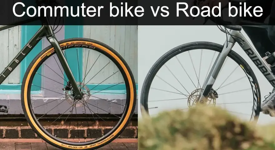 Split image shows a commuter bike with tan tires on the left and a road bike with slick tires on the right, highlighting their differences.