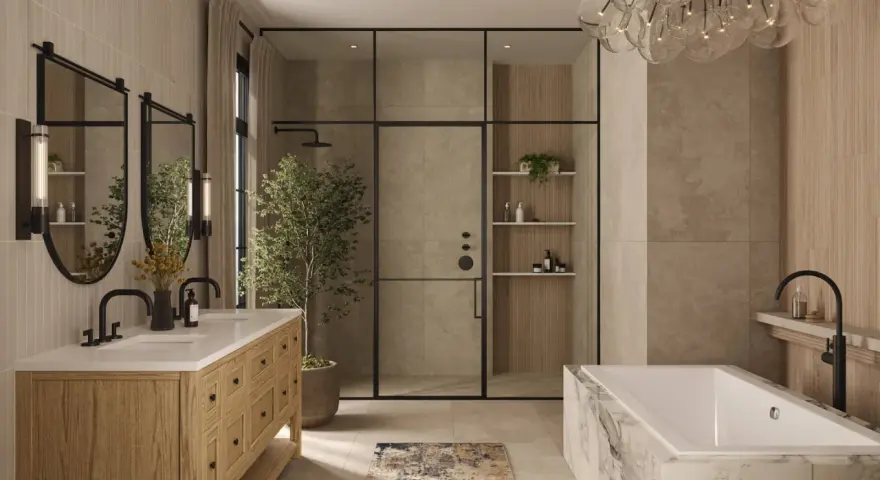 A modern bathroom remodel featuring a wooden vanity, glass shower, and marble bathtub.