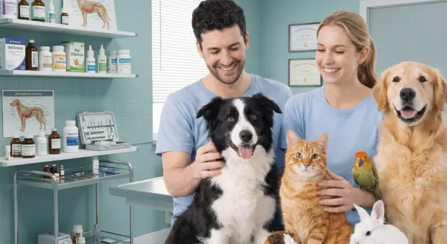 Coppia felice con animali domestici, ideale per corsi di animal care. Un cane, un gatto, un coniglio, un porcellino d'India, una tartaruga, un pappagallo e un cane più grande.