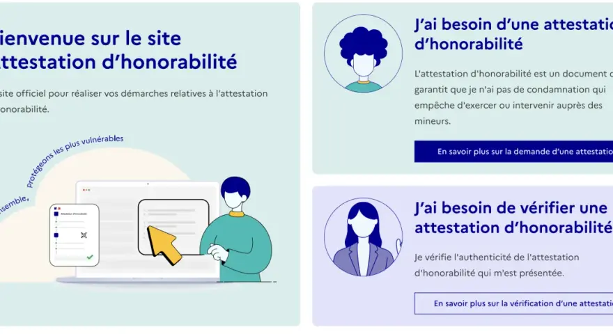Illustration d'un site web présentant des informations sur l'attestation d'honorabilité, avec des icônes et des textes explicatifs.
