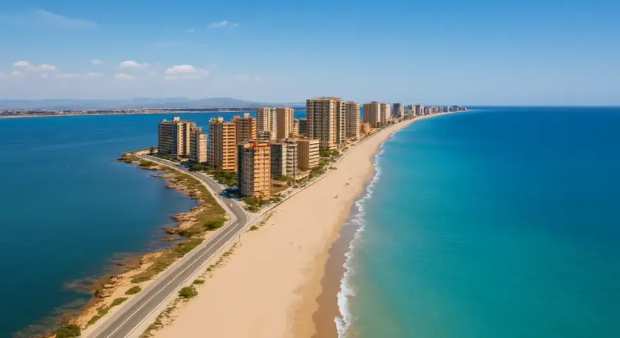 Hohe Gebäude säumen eine lange Sandbucht mit türkisfarbenem Meer und blauer Lagune.