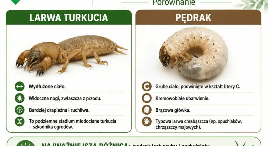 Porównanie larwy turkucia i pędraka. Larwa turkucia jest wydłużona i ruchliwa, pędrak gruby, zwinięty w C.
