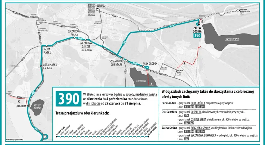 Mapa z trasą linii 390 PKM Jaworzno do Zalewu Sosina i Parku Gródek. Rozkład jazdy autobusów.