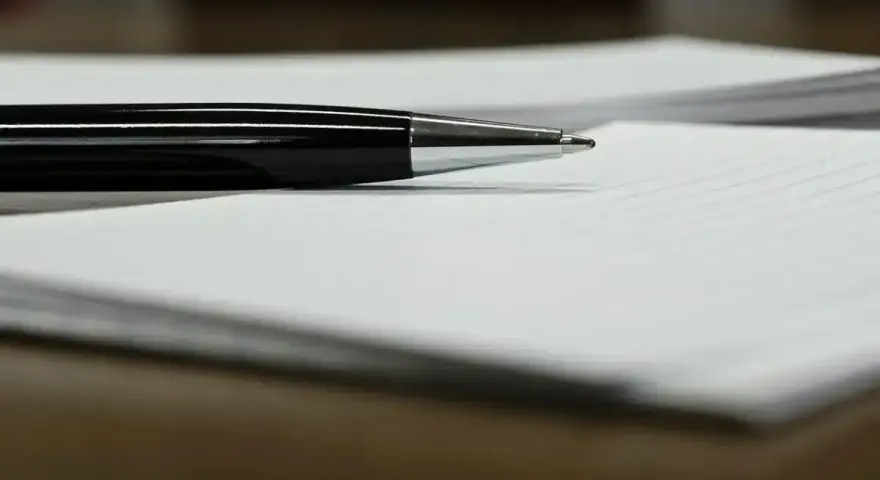 Czarny długopis leży na papierze, gotowy do podpisania ważnego dokumentu, np. pełnomocnictwa.