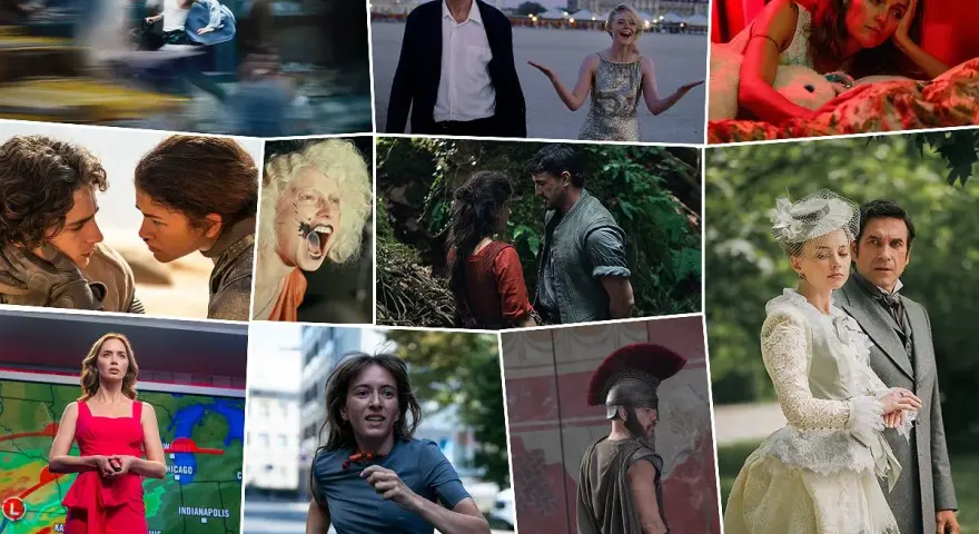Kolaż scen z filmów, w tym z "mit o powstaniu świata film". Widzimy pary, samotne postacie i sceny akcji.
