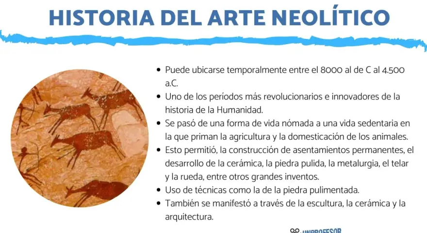 Pinturas rupestres de cazadores y ciervos, un ejemplo del arte del neolítico, que muestra la transición a la vida sedentaria y el desarrollo de la agricultura.