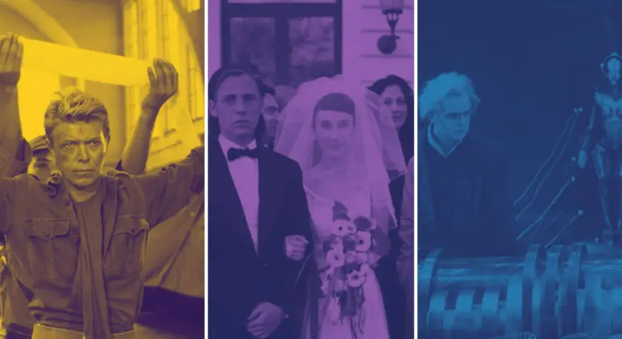 Un collage di scene iconiche di film di cultura: David Bowie, un matrimonio e un robot futuristico.