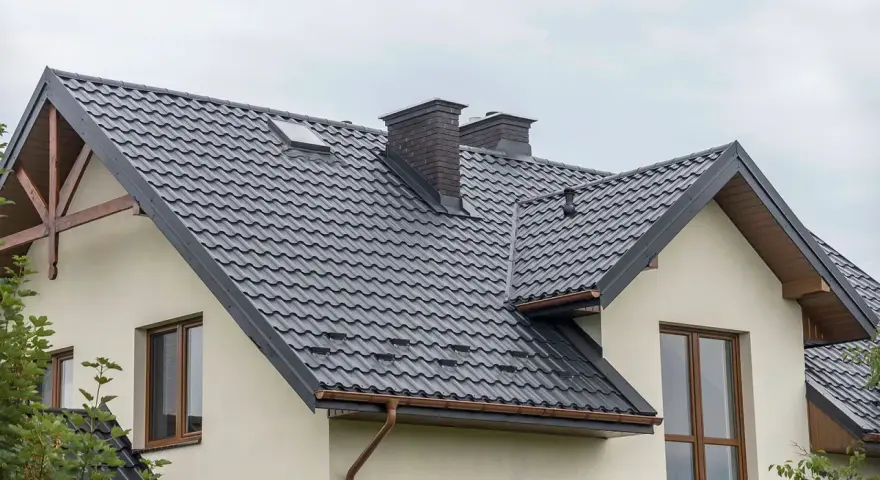 Nowoczesne opierzenie dachu z ciemnej blachodachówki, z dwoma kominami i okapem.