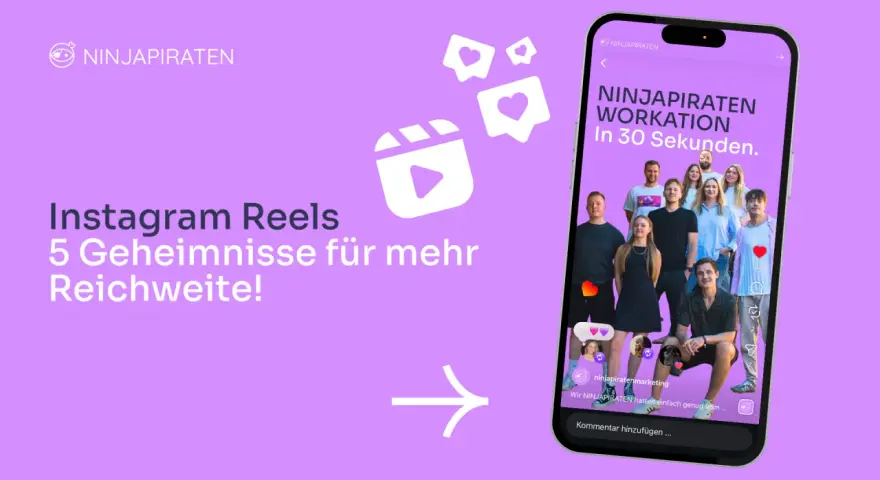 Instagram Reel-Symbol und ein Smartphone mit einer Gruppe von Menschen und Text.