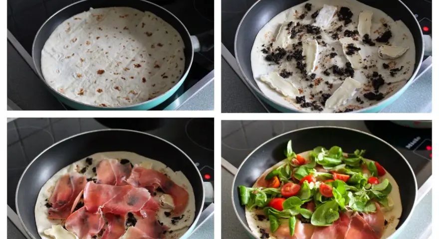 Przygotowanie piadiny z serem brie, oliwkami i szynką parmeńską, a na koniec dodatek świeżej sałatki i pomidorków.