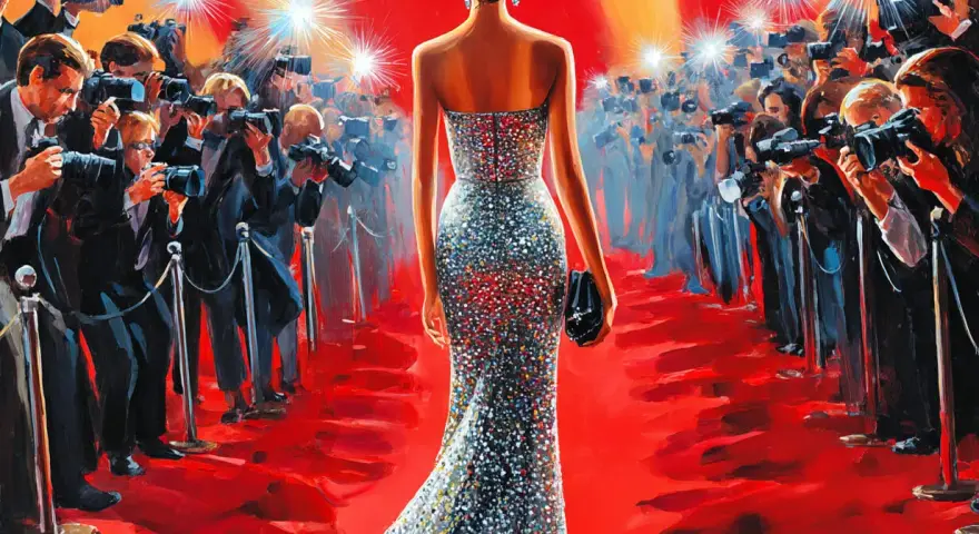 Eine Frau in einem glitzernden Kleid schreitet über den roten Teppich, umgeben von Blitzlichtgewittern und Fotografen. Ein glamouröser gala abend.