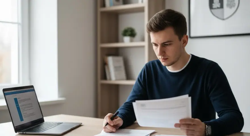 Młody mężczyzna, w **statusie studenta**, pochyla się nad dokumentami, notując coś na biurku. Obok leży laptop.