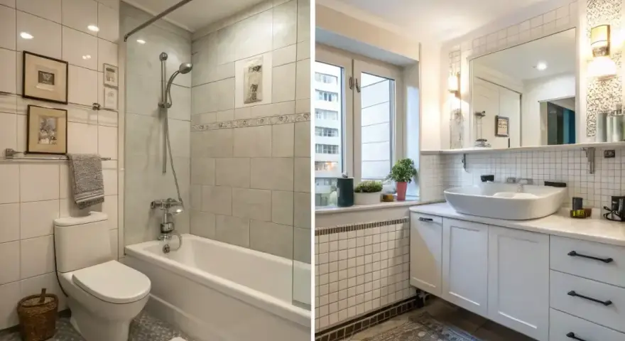 Före och efter-bild på ett badrum. Det nya badrummet har en modern känsla med ett stilrent handfat och vita skåp. Takskivor badrum är en del av den nya designen.