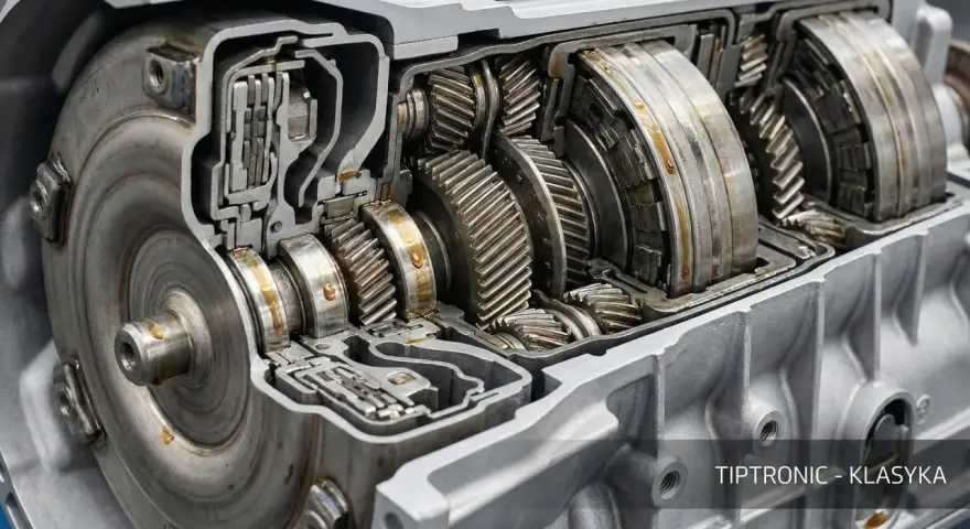 Przekładnia multitronic Audi w przekroju, ukazująca skomplikowany mechanizm kół zębatych i sprzęgła. Klasyka inżynierii.