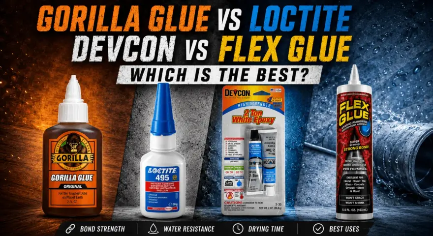 Gorilla Glue, Loctite, Devcon, and Flex Glue are compared for their strength. This image showcases products that offer the strongest glue for resin repairs.