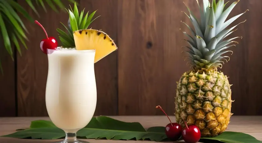 Kremowy likier Pina Colada z ananasem i wiśnią. Idealny przepis na tropikalny drink.