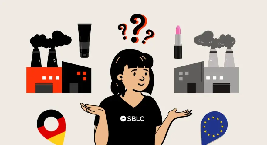 Frau mit Fragezeichen überlegt zwischen Fabriken, Kosmetikprodukten, Deutschland- und EU-Symbolen.