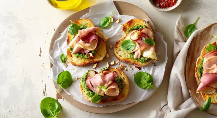 Pyszne kanapki z chrupiącą grzanką, aromatycznym pesto na kanapki, wędliną i świeżą bazylią.