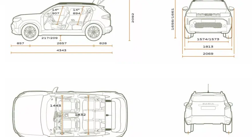 Schemat Dacia Duster z wymiarami: widok z boku, z góry i z tyłu. Pokazuje długość, szerokość i wysokość pojazdu.