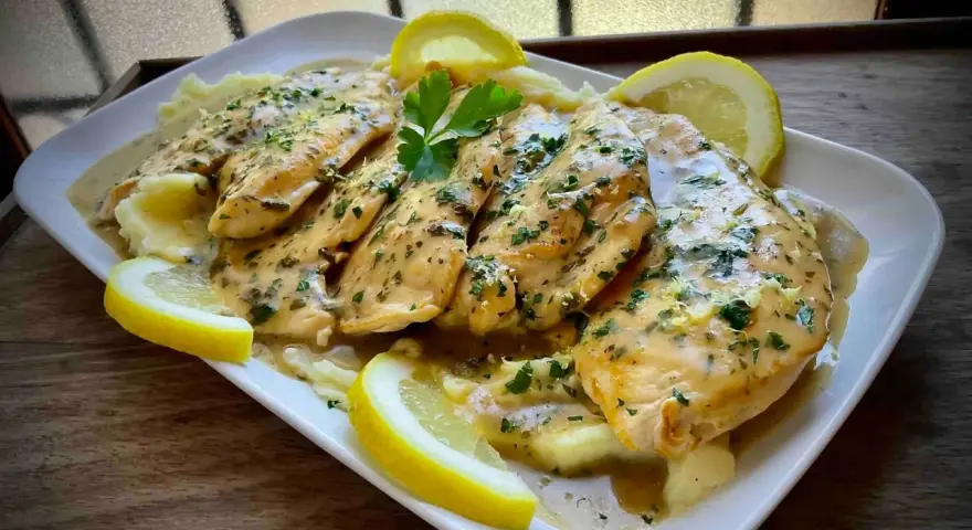 Delicioso pollo al limón con puré de patatas, adornado con perejil fresco y rodajas de limón.