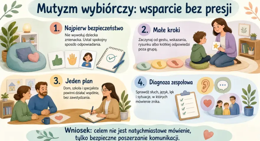 Ilustracja przedstawia cztery kroki wsparcia dla dzieci z mutyzmem wybiórczym: bezpieczeństwo, małe kroki, wspólny plan i diagnoza.