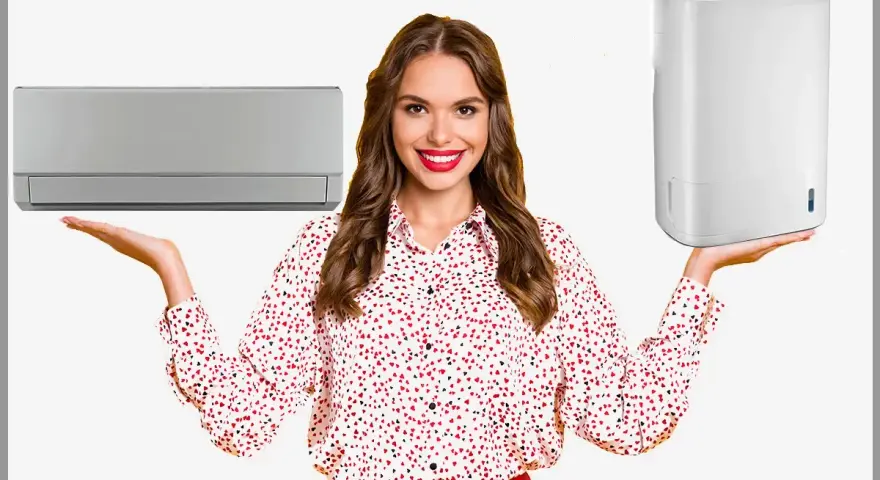 Donna sorridente mostra un condizionatore e un deumidificatore, utile per capire a quanto impostare il deumidificatore in inverno per un comfort ottimale.