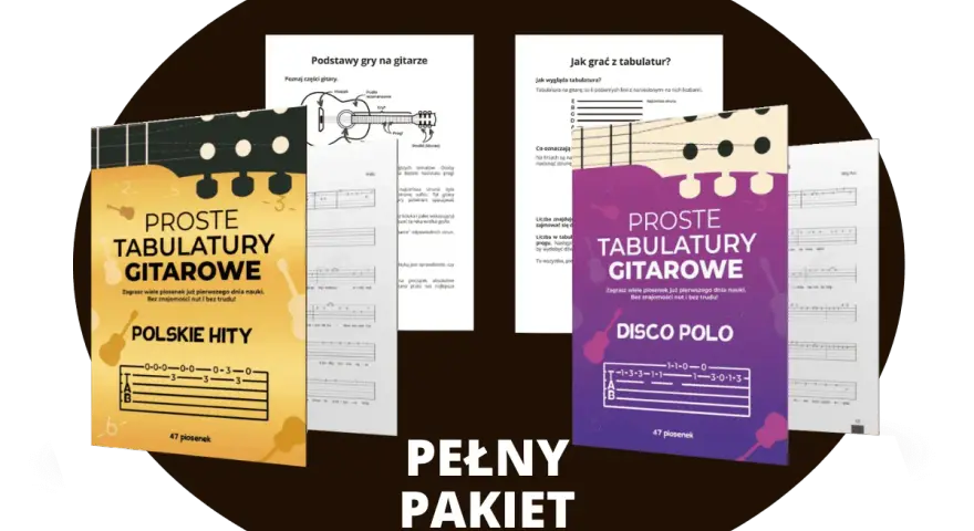 Zestaw materiałów do nauki gry na gitarze, w tym tabulatury z piosenkami o lecie dla dorosłych. Idealny dla początkujących.