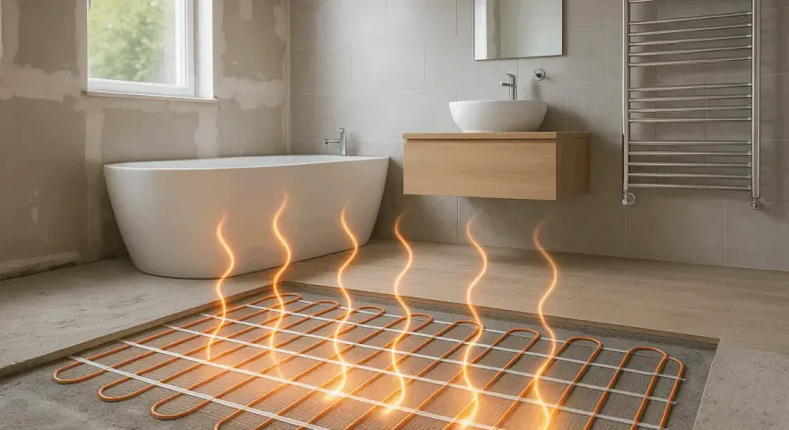 Installation d'un système de chauffage au sol dans une salle de bain moderne. Des tubes orange sont posés sur le béton, prêts à diffuser une chaleur confortable.
