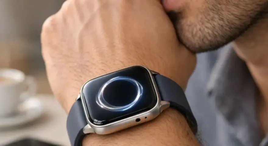 Mężczyzna zamyślony, z dłonią przy ustach, nosi smartwatch z funkcją esim. Elegancki gadżet na nadgarstku.