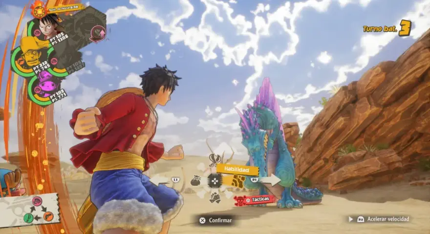 Luffy se enfrenta a un dragón en One Piece Odyssey. El turno 3 del combate está activo.