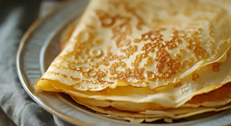 Pile de crêpes dorées sur une assiette, parfaites pour une recette crêpe 6 personnes.