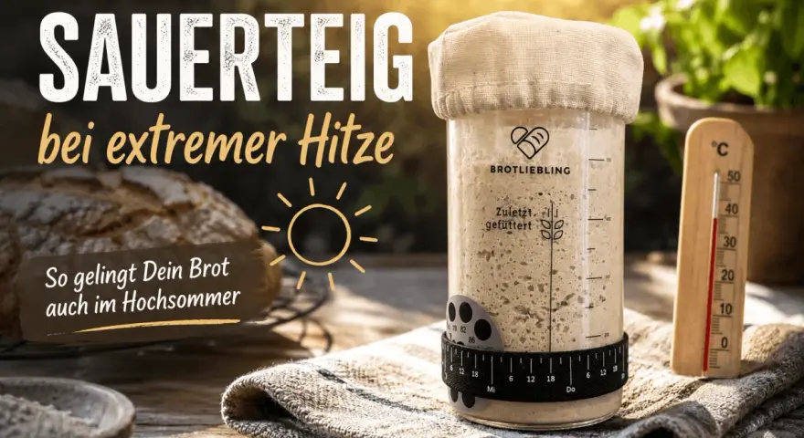 Sauerteig bei extremer Hitze: Ein Glas Sauerteig, ein Thermometer zeigt hohe Temperatur, Brot im Hintergrund. So gelingt Brot auch im Hochsommer.