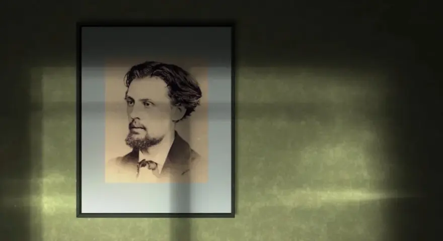 Portret Adama Chmielowskiego, artysty znanego z głębokich, religijnych obrazów. Jego spojrzenie zdaje się przenikać przez czas.