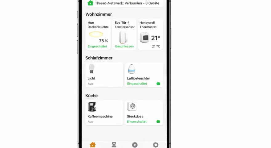 Smart Home App zeigt Geräte in verschiedenen Räumen. Die Hue Deckenleuchte ist eingeschaltet, der Thermostat zeigt 21 Grad. Ein Beispiel für die Organisation von Geräten, die man mit Apple Home steuern kann.